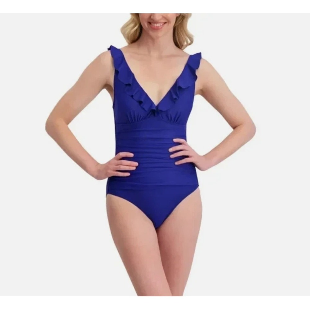 DKNY Womens Ruffle V-Neck Ruched One Piece Swimsuit Blue Size XL